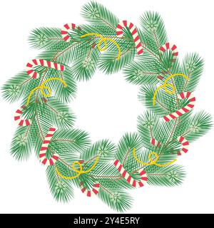 Couronne de brindilles de pin avec canne à bonbons, flocons de neige et décoration serpentine dans les couleurs de Noël à la mode. Affiche de cartes d'illustration vectorielle isolée, bannière, brochures, salutation, étiquette de prix, étiquette ou idée web Illustration de Vecteur