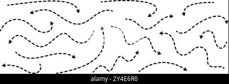Flèches noires en pointillés définies. Collection de flèches pointillées ondulées et incurvées. Griffonner des pointeurs minces et des lignes directrices. Ensemble d'éléments de conception de bande de contour pour flyer, affiche, brochure. Vecteur Illustration de Vecteur