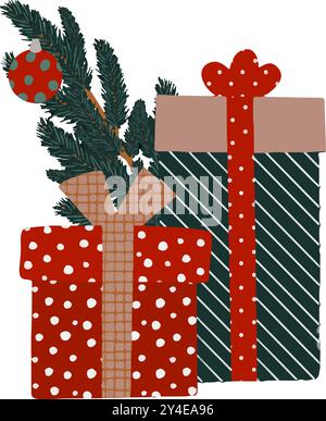 Cadeaux de Noël colorés ornés de rubans vibrants et de verdure luxuriante, vraiment parfait pour les célébrations joyeuses de vacances. Graphiques vectoriels dessinés à la main pour la conception d'un site Web, articles, livret, flyer, e-pack, étiquette ou publicité. Illustration de Vecteur