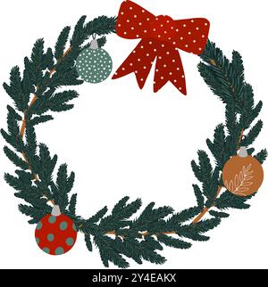 Une belle couronne de Noël ornée d'ornements et d'un noeud à pois, parfait pour la décoration de vacances. Graphiques vectoriels dessinés à la main pour la conception d'un site Web, articles, livret, flyer, e-pack, étiquette ou publicité. Illustration de Vecteur
