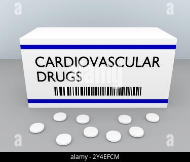 Illustration 3D de médicaments cardiovasculaires imprimés sur la boîte à pilules, avec quelques piles dispersées sur une surface grise avec un fond bleu pâle. Banque D'Images