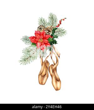 Chaussures de ballet pour femmes en marron avec des rubans et des branches de sapin, houx, pommes de pin et illustration aquarelle poinsettia. Attribut de danseur et fo Banque D'Images