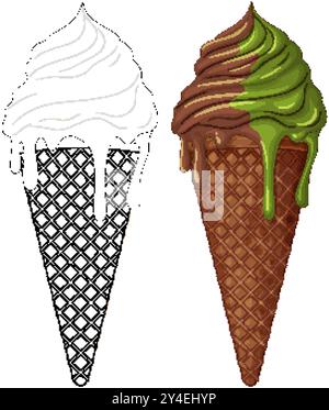 Cônes de crème glacée colorés et noir et blanc Illustration de Vecteur