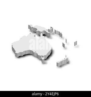 Cette représentation présente une carte politique vierge illustrant les continents de l’Australie et de l’Océanie dans un style de silhouette 3D grise, mettant en évidence les contours géographiques sans étiquettes. Illustration de Vecteur