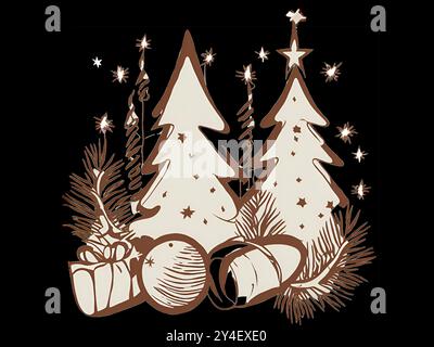 Fond festif avec des arbres, des jouets et des décorations du nouvel an dans des teintes brunes Illustration de Vecteur