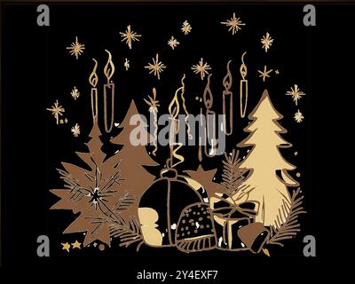 Fond de Noël avec arbres du nouvel an et jouets et décorations bruns Illustration de Vecteur