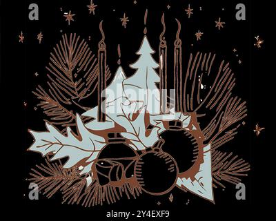 Fond de Noël avec arbres, jouets et décorations du nouvel an dans les tons bruns Illustration de Vecteur