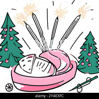 Fond du nouvel an, jouets, étincelles, arbres de Noël en couleur rose chaude, dessiné à la main, abstrait, transparent Illustration de Vecteur