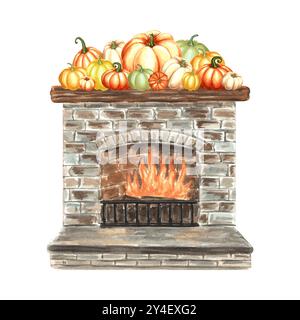 Cheminée brûlante avec citrouilles différentes couleurs sur étagère en bois. Illustration d'aquarelle dessinée à la main isolée. Détail intérieur confortable de la maison d'automne Banque D'Images
