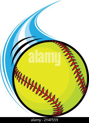 softball jaune volant rapide en mouvement avec illustration vectorielle de strie bleue isolée sur fond transparent Illustration de Vecteur