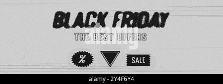 Texte texturé DU VENDREDI NOIR avec phrase THE BEST OFFERS ci-dessous, symbole de pourcentage, triangle et mot SALE sur fond gris. Banque D'Images