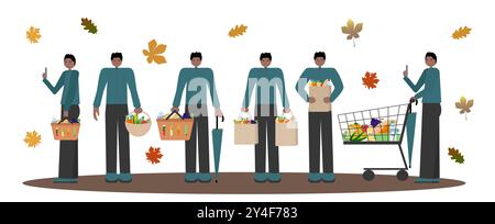 Ensemble d'illustrations représentant un homme à la peau foncée dans une veste d'automne tenant un panier, des sacs en papier et un panier. Conception plate vectorielle pour la vente au détail Illustration de Vecteur