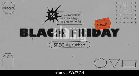 Texte texturé DU VENDREDI NOIR avec symbole de réduction, étiquette de vente et autres éléments graphiques, OFFRE SPÉCIALE de phrase sur fond gris. Banque D'Images