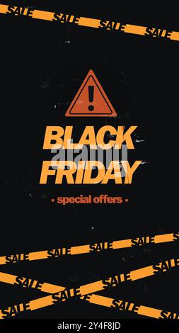 Fond noir avec bandes de VENTE orange, panneau d'avertissement, et texte BLACK FRIDAY et expression OFFRES SPÉCIALES. Banque D'Images
