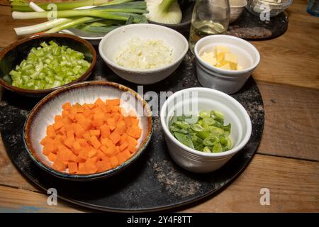 Une sélection de légumes coupés dans des bols prêts à être utilisés comme ingrédients de cuisson, y compris les carottes, le céleri et les oignons de printemps Banque D'Images