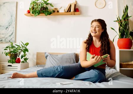 La jeune femme sourit joyeusement, absorbée dans son livre tout en se prélassant confortablement sur son lit entouré de verdure. Banque D'Images