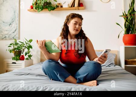 Relaxant à la maison, une jeune femme grande taille aux cheveux bouclés lit un livre tout en vérifiant son téléphone sur le lit de sa chambre. Banque D'Images