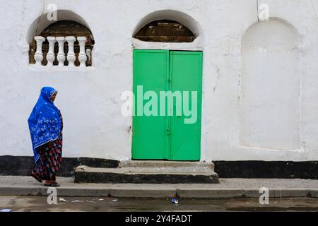 Djibouti : Djibouti : femme musulmane voilée en tenue traditionnelle marchant dans une rue, passant devant une maison avec une porte verte Banque D'Images