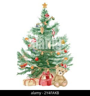 Illustration aquarelle avec arbre de Noël décoratif, ours en peluche et boîtes-cadeaux sur fond blanc, dessiné à la main Banque D'Images