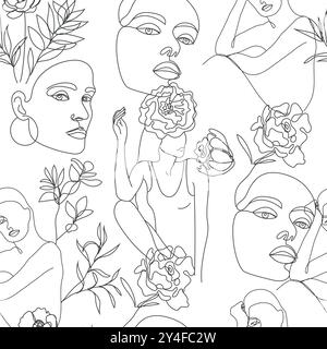 Vector une ligne de visage de femme noir et blanc modèle sans couture, portraits d'art féminin avec des fleurs et des feuilles monolines, fond minimaliste de beauté Illustration de Vecteur