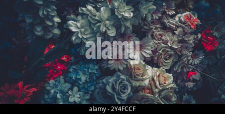 Gros plan d'un bouquet vintage avec des fleurs artificielles de différentes couleurs et textures. Banque D'Images
