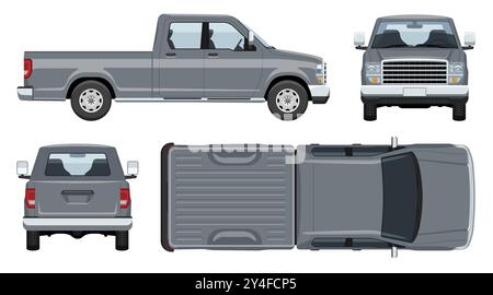 Modèle vectoriel de camionnette gris avec des couleurs simples sans dégradés et effets. Vue de côté, de face, de dos et de dessus Illustration de Vecteur