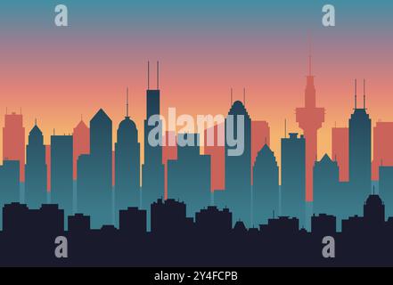 Illustration vectorielle de ville au coucher du soleil. Silhouette de bâtiments dans des couleurs sombres, style plat. Fond abstrait urbain. Illustration de Vecteur