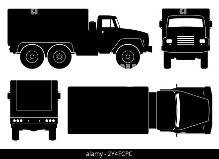 Silhouette de camion militaire sur fond blanc. Les icônes du véhicule définissent la vue latérale, avant et arrière. Illustration de Vecteur