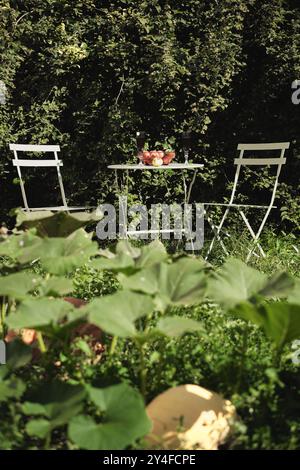 Affiche verticale, verres avec boissons et pêches mûres sur table à l'ombre, sieste pendant la chaleur de midi Banque D'Images