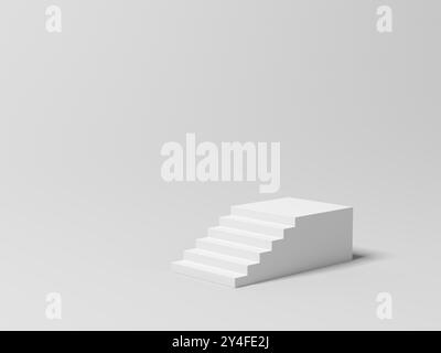 Escaliers blancs isolés sur fond gris. Affichage du produit. Afficher les plinthes. Stand. Vide. Copier l'espace. illustration 3d. Banque D'Images