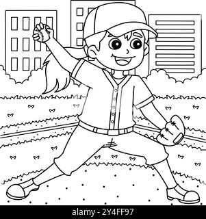 Page de coloriage de pichet de baseball féminin pour les enfants Illustration de Vecteur