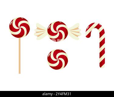 Un ensemble de bonbons rouges et blancs à la menthe poivrée sous diverses formes, y compris une sucette, un bonbon dur et une canne à bonbons. Parfait pour les designs à thème de vacances et c Illustration de Vecteur