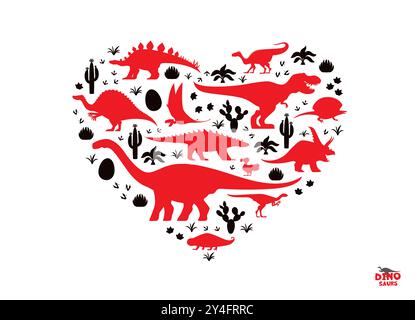 En forme de coeur, j'adore la bannière des dinosaures. Vector Dino silhouettes noires et rouges disposées en forme de coeur, symbolisant la passion pour les créatures anciennes. Espèces T-rex, brachiosaurus et triceratops Illustration de Vecteur