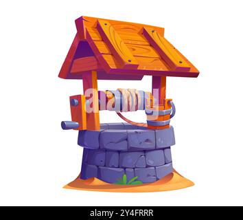 Seau en bois de dessin animé et puits d'eau en pierre cadre en bois et base en pierre, une corde et un seau pour tirer l'eau du sol. Vecteur rustique, structure cylindrique en bois avec un toit incliné Illustration de Vecteur