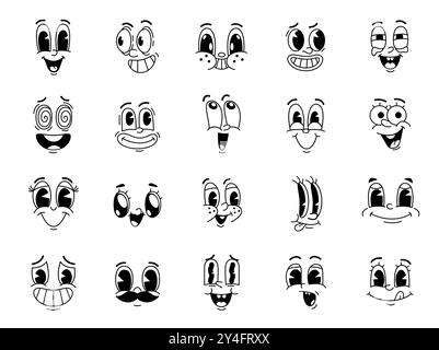 Dessin animé comique drôle groovy visage, émotion d'oeil et rétro mignon personnages emoji. Vintage expression faciale émoticônes personnages vectoriels, visages heureux avec des sourires, des bouches et des dents, moustache et langue Illustration de Vecteur