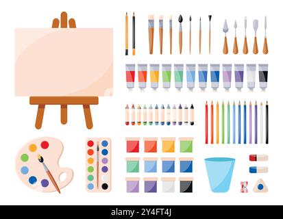 Outils d'art de peinture, ensemble de fournitures de peinture. Peintures, toiles, tubes de peinture, pinceaux, couteaux à palette, palette d'aquarelle, crayons, crayons, gomme. Vecteur Illustration de Vecteur