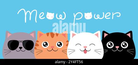 Ensemble de têtes de chat avec écriture manuscrite Meow Power. Chats avec différents motifs de couleur. Illustration vectorielle Illustration de Vecteur