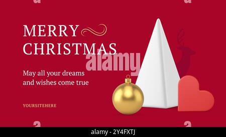 Rouge moderne Merry Christmas modèle de bannière décorative boule dorée triangle triangle pyramide et forme de coeur 3d icône illustration vectorielle. Bonne année con Illustration de Vecteur