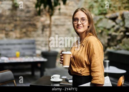 Une jeune femme savoure en toute confiance son café dans un café confortable, embrassant la vie quotidienne. Banque D'Images