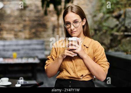 Dans un café, une jeune femme tient une tasse de café, rayonnant de confiance alors qu'elle profite de sa journée. Banque D'Images