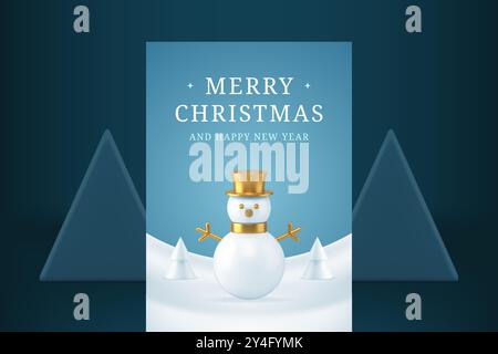 Bonne année et joyeux Noël carte de voeux mignon boule de bonhomme de neige réaliste 3d icône illustration vectorielle. Invitation de couverture d'affiche festive de Noël Illustration de Vecteur