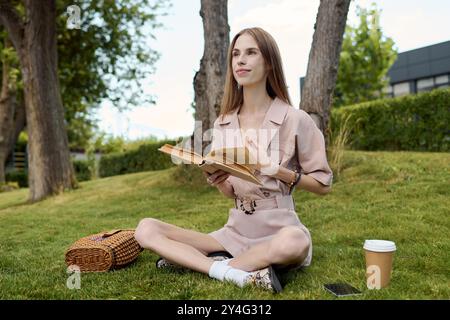 Une jeune femme anorexique est assise les jambes croisées sur l'herbe, immergée dans son livre, rayonnant de bonheur par une journée ensoleillée. Banque D'Images