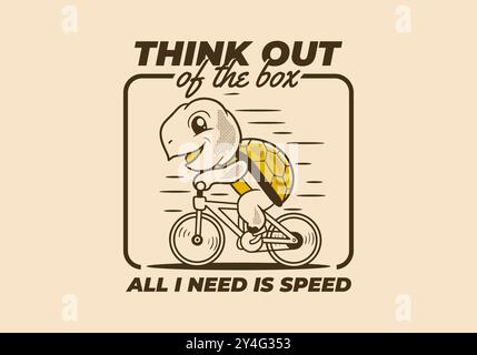 Tout ce dont j'ai besoin, c'est de vitesse. Tortue mignonne rétro chevauchant une conception d'illustration de personnage de mascotte de vélo Illustration de Vecteur