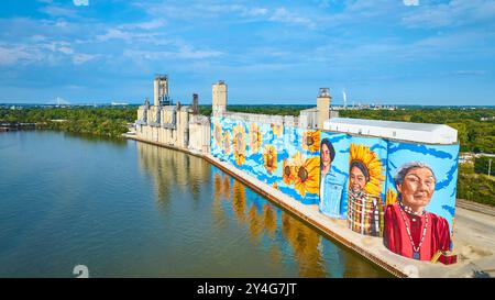 Vue aérienne de la murale colorée de tournesol sur les silos à grains de Tolède près de la rivière Maumee Banque D'Images