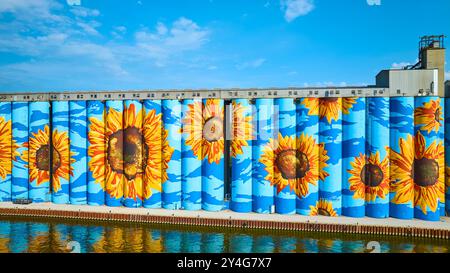 Vue aérienne de la murale de tournesol sur les silos à grain Toledo Ohio Banque D'Images