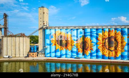 Antenne de peintures murales de tournesol sur des silos à grain reflétant sur la rivière Maumee Banque D'Images