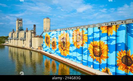 Vue aérienne de la murale de tournesol sur les silos à grains de Tolède près de la rivière Maumee Banque D'Images