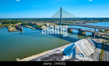 Vue aérienne du pont Skyway de la ville de verre des vétérans et du navire industriel Toledo Banque D'Images