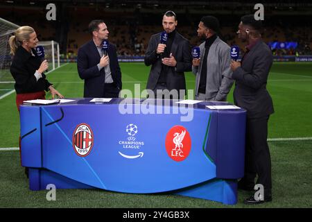 Milan, Italie. 17 septembre 2024. Zlatan Ibrahimovic AC Milan Senior Advisor est interviewé par l'équipe Amazon Prime ( de gauche à droite ) ; Gabby Logan, Frank Lampard, Daniel Sturridge et Clarence Seedorf alors qu'il est interviewé pour Amazon avant le coup d'envoi du match de l'UEFA Champions League à Giuseppe Meazza, Milan. Le crédit photo devrait se lire : Jonathan Moscrop/Sportimage crédit : Sportimage Ltd/Alamy Live News Banque D'Images