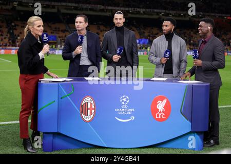 Milan, Italie. 17 septembre 2024. Zlatan Ibrahimovic AC Milan Senior Advisor est interviewé par l'équipe Amazon Prime ( de gauche à droite ) ; Gabby Logan, Frank Lampard, Daniel Sturridge et Clarence Seedorf alors qu'il est interviewé pour Amazon avant le coup d'envoi du match de l'UEFA Champions League à Giuseppe Meazza, Milan. Le crédit photo devrait se lire : Jonathan Moscrop/Sportimage crédit : Sportimage Ltd/Alamy Live News Banque D'Images